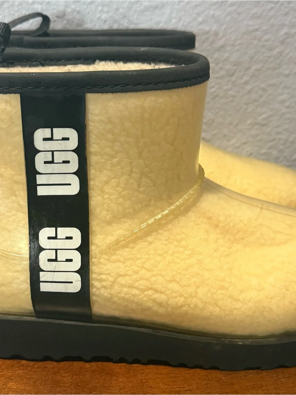 UGG Cream Shearling Short Rain Boot with Black Trim